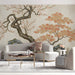 A peaceful living roomfeaturing an elegant blossom and stone mural above a cream-colored headboard.