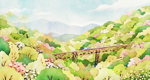 Watercolor landscape wallpaper with a train on a trestle bridge, green hills, and pink cherry blossoms