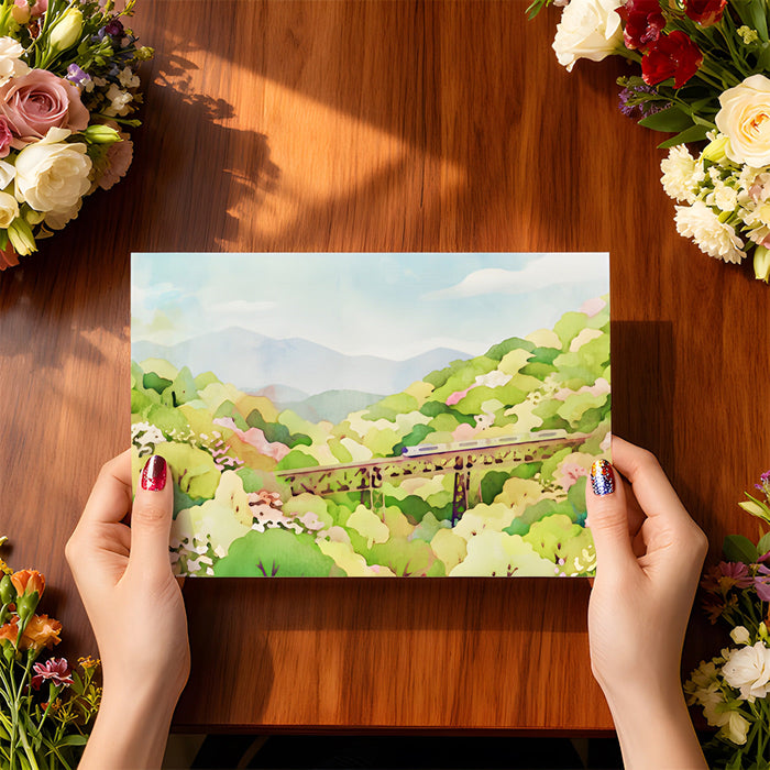 Bright home office decorated with a vibrant train and nature landscape wall mural