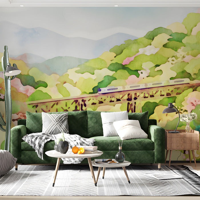 living room wall mural featuring a peaceful watercolor painting of a train in the countryside