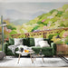 living room wall mural featuring a peaceful watercolor painting of a train in the countryside