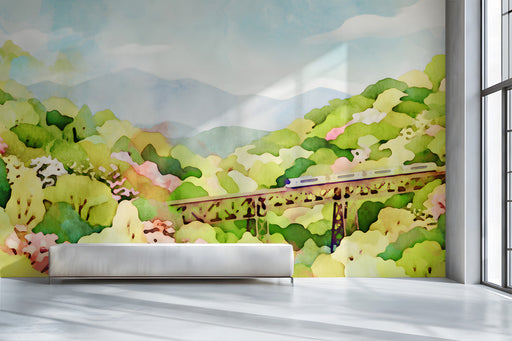 Scenic entryway wall featuring a soft watercolor landscape with a train and rolling hills