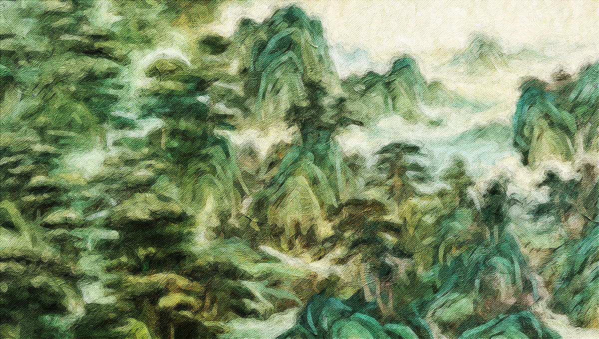 Abstract oil painting of misty green mountains and forest landscape