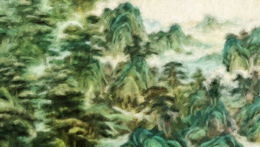 Abstract oil painting of misty green mountains and forest landscape