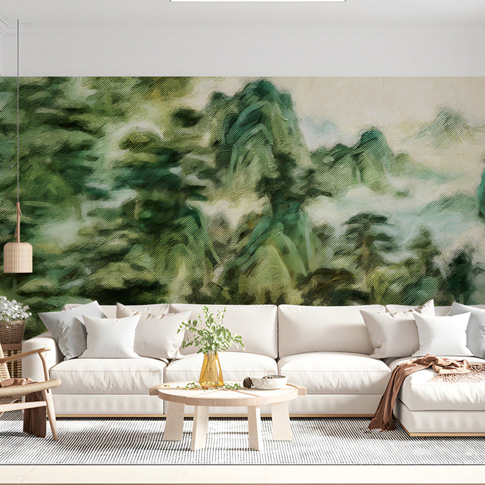Oil painting style mountain landscape wallpaper in a living room