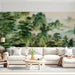 Oil painting style mountain landscape wallpaper in a living room