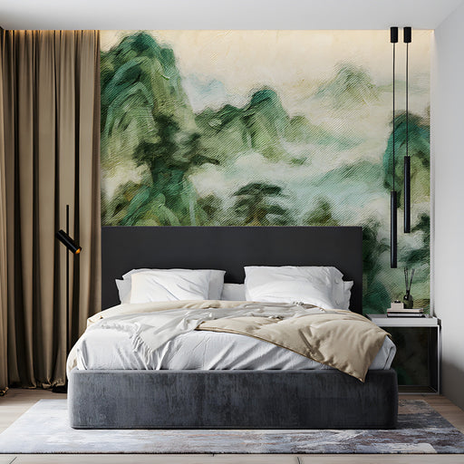 Misty forest mountain mural wallpaper in a relaxing master bedroom