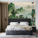 Misty forest mountain mural wallpaper in a relaxing master bedroom