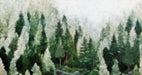 Abstract oil painting wallpaper showing a misty pine forest in deep green and white brushstrokes