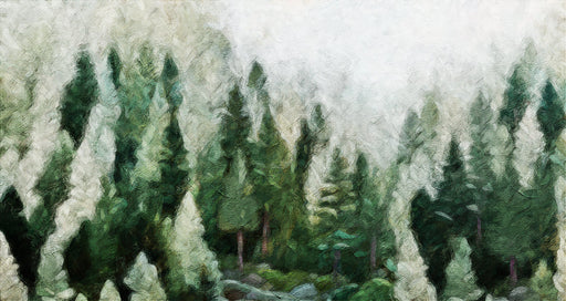 Abstract oil painting wallpaper showing a misty pine forest in deep green and white brushstrokes