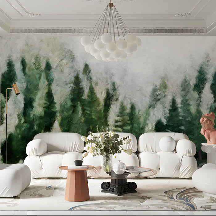 A serene commercial space decorated with an oil painting style forest wallpaper for a calm atmosphere
