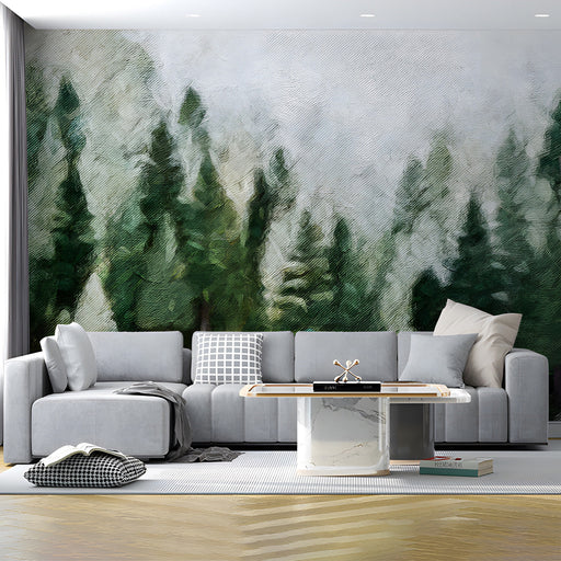 A cozy living room featuring a misty green forest mural behind the headboard for a tranquil feel