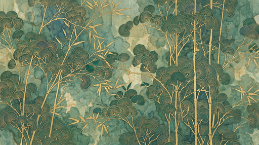 Emerald green ink wash background with elegant gold-lined bamboo branches