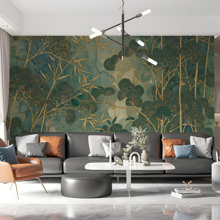 Serene living room wall featuring a green and gold ink-style bamboo mural