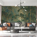 Serene living room wall featuring a green and gold ink-style bamboo mural