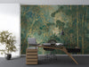 Sophisticated office interior featuring a floor-to-ceiling gilded bamboo mural