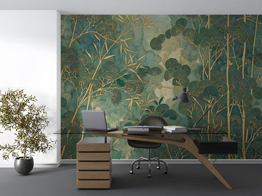 Sophisticated office interior featuring a floor-to-ceiling gilded bamboo mural