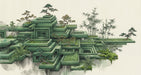 Abstract geometric mural with sage green layered steps, bonsai trees, and bamboo on a textured off-white background.