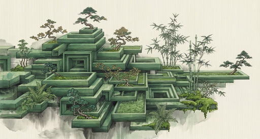 Abstract geometric mural with sage green layered steps, bonsai trees, and bamboo on a textured off-white background.