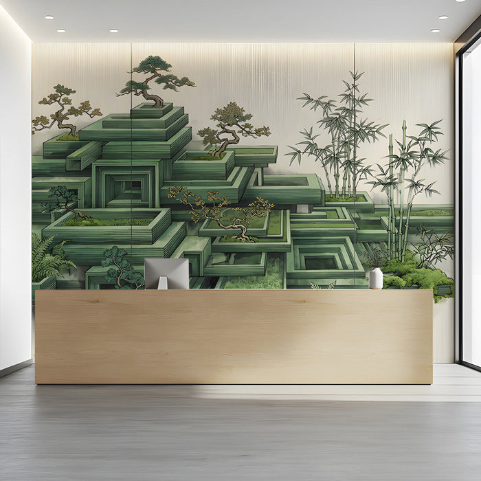 A calm reception showcasing the layered green architectural wallpaper as a statement feature.