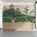 A calm reception showcasing the layered green architectural wallpaper as a statement feature.