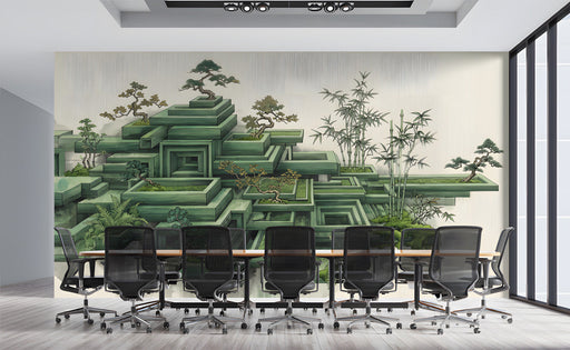 A serene meeting room with a Japanese-inspired green geometric wallpaper on the main wall behind a wooden  frame.