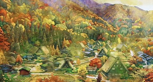 A watercolor painting of a mountain village with thatched houses, autumn leaves in ochre, orange, and forest green.