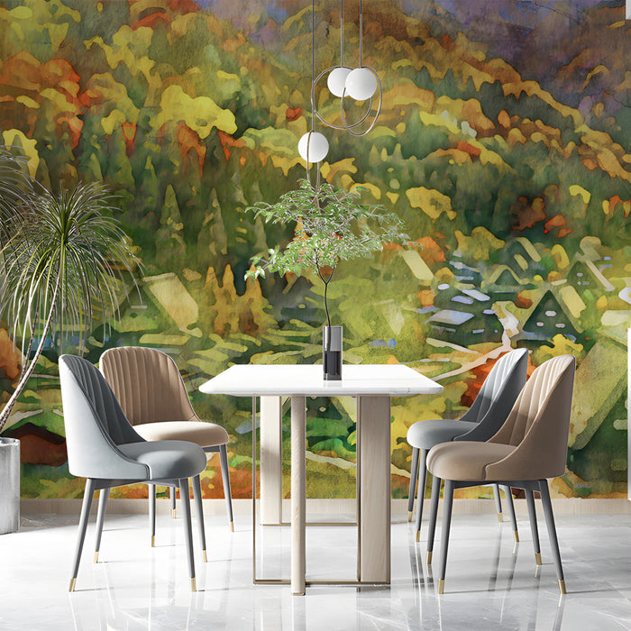 A peaceful dining room with an autumn watercolor forest mural creating a warm, inviting feature wall.