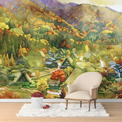 A cozy bedroom featuring an autumn landscape wallpaper behind a wooden headboard.