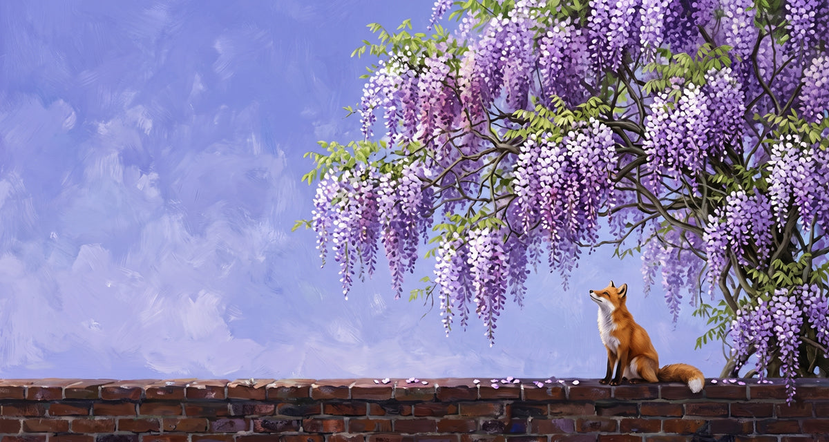 Oil painting style wallpaper featuring a fox sitting on a brick wall beneath hanging purple wisteria flowers