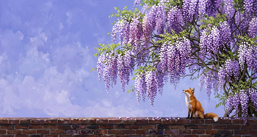 Oil painting style wallpaper featuring a fox sitting on a brick wall beneath hanging purple wisteria flowers