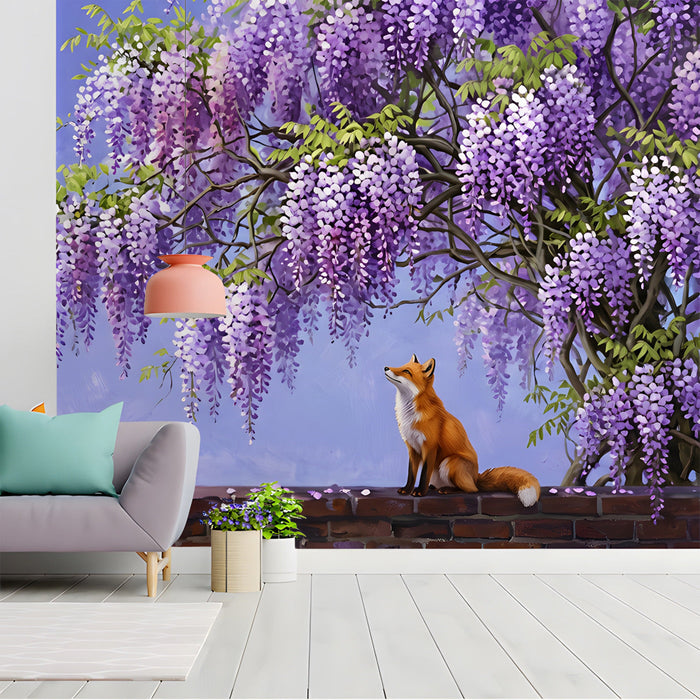 Reading nook with a wisteria garden mural providing a peaceful backdrop for a velvet armchair