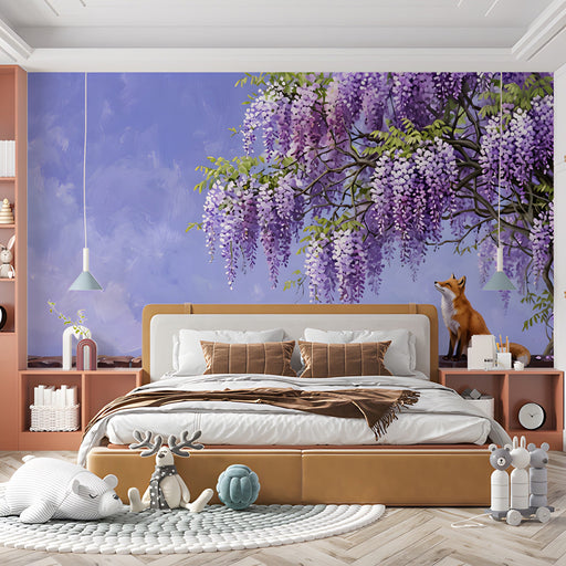 Whimsical bedroom wall featuring a painterly wisteria and fox mural behind a cream upholstered headboard