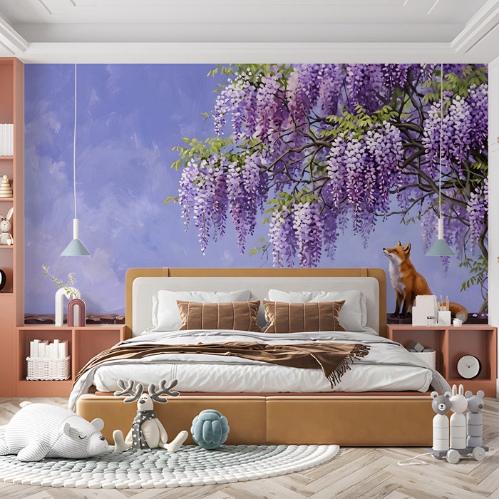 Whimsical bedroom wall featuring a painterly wisteria and fox mural behind a cream upholstered headboard