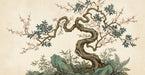 An artistic mural of an ancient bonsai tree with blush blossoms, teal leaves, and charcoal wood against a neutral parchment background.