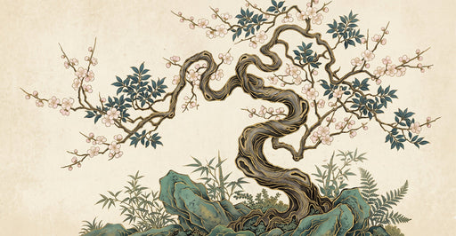 An artistic mural of an ancient bonsai tree with blush blossoms, teal leaves, and charcoal wood against a neutral parchment background.