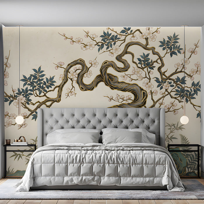 A serene bedroom setting with the elegant bonsai tree wallpaper creating a peaceful environment.