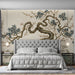 A serene bedroom setting with the elegant bonsai tree wallpaper creating a peaceful environment.