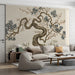 The bonsai mural installed behind a minimalist living room sofa in soft beige tones.