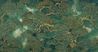 Abstract emerald green watercolor background with gold line art pine trees and peacock feathers.