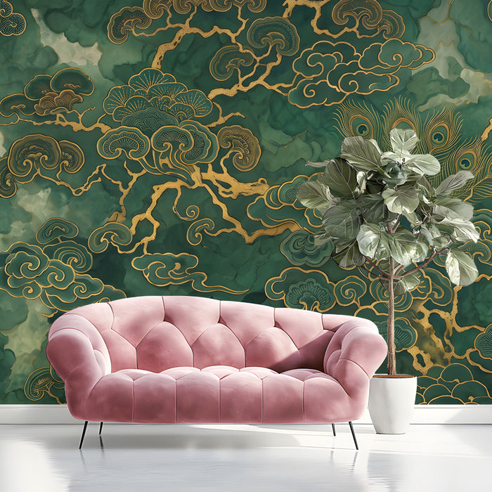 Sophisticated dining room interior with a dark forest green mural featuring intricate golden branches.