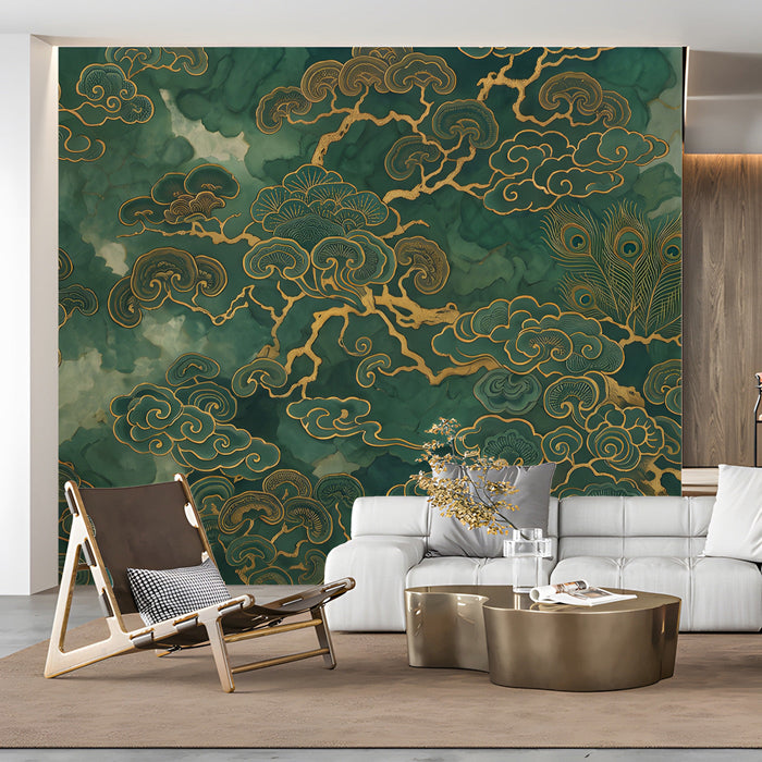 Moody living room featuring a large emerald and gold pine tree feature wall.