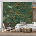 Moody living room featuring a large emerald and gold pine tree feature wall.