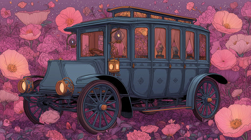 An ornate vintage carriage parked in a dense field of pink, magenta, and coral poppy flowers.