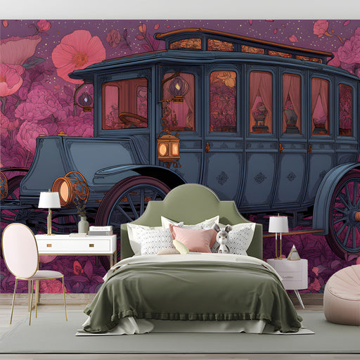 Whimsical floral mural wallpaper installed as a feature wall in a cozy bedroom with velvet decor.