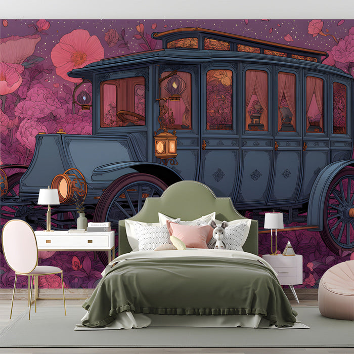 Whimsical floral mural wallpaper installed as a feature wall in a cozy bedroom with velvet decor.