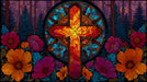 Stained glass style mural featuring a glowing orange cross, blue window frame, and vibrant magenta and orange flowers in a dark forest