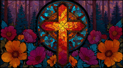 Stained glass style mural featuring a glowing orange cross, blue window frame, and vibrant magenta and orange flowers in a dark forest