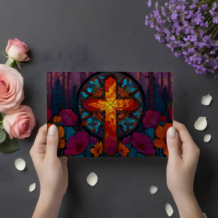 Artistic cross wallpaper in a modern meditation space with soft floor cushions and ambient gold lighting
