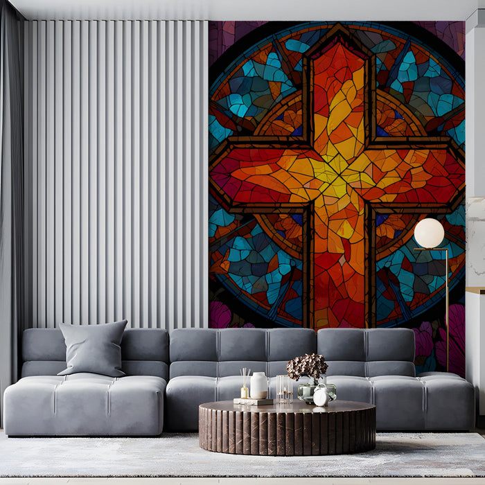 Vibrant floral and religious motif wallpaper styled in a serene living room with dark furniture and moody decor